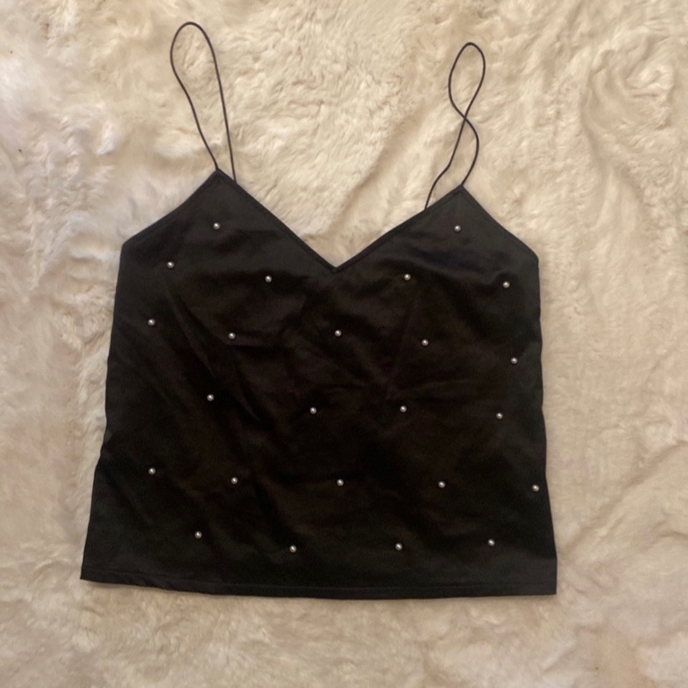 Zara spaghetti strap black silky tank top with pearls